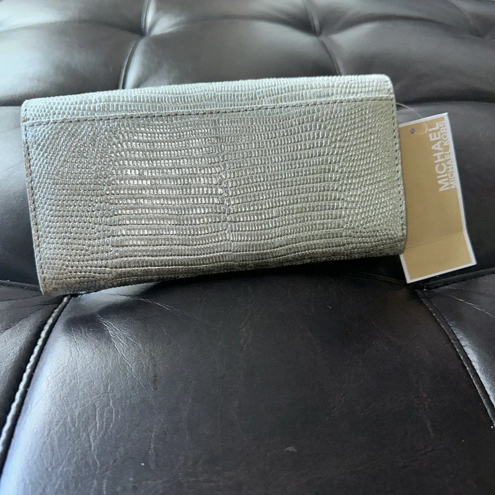 Michael Kors Tilda Flap Carryall Silver Python‎ Embossed Genuine Leather Wallet